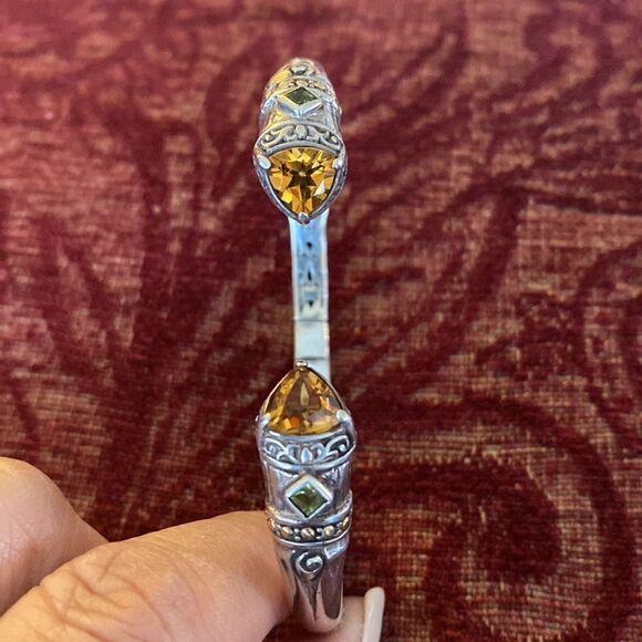 Vintage 18K & 925 Sterling Silver Citrine & Peridot Unisex Cuff Bracelet - Picture 5 of 11